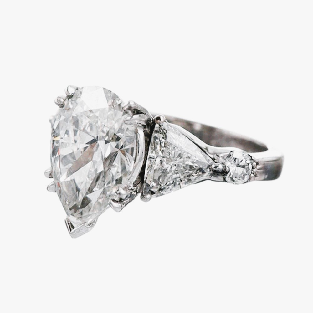 Five Stone Diamond Ring - Pear Shape Center / Triangle & Round Shape Side Diamonds